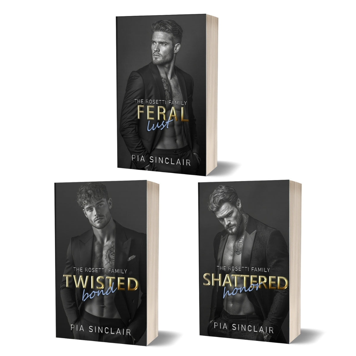 Three dark mafia romance book covers of 'The Rossetti Family' series by Pia Sinclair (books 4-6)