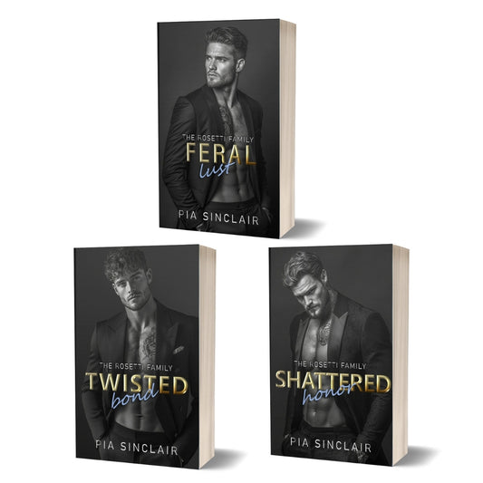 Three dark mafia romance book covers of 'The Rossetti Family' series by Pia Sinclair (books 4-6)